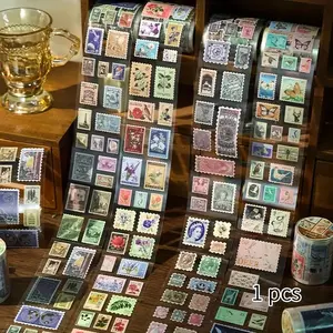 Random Color Vintage Stamp Pattern Tape, 1 Count Decorative Adhesive Tape for DIY Scrapbook, Office Stationery & Supplies, Creative Students Stationery, Sticker Packs