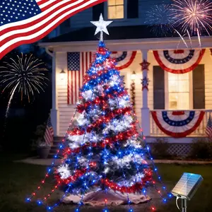 Solar outdoor lights, Independence Day waterfall lights, July 4th commemorative lights, 200 LED Christmas tree light strings, 78.74 inches tall, waterfall lights with 8 modes, suitable for holiday Christmas trees and garden decorations