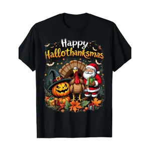 Festive Holiday Mashup T-Shirt Featuring Santa Pumpkin and Turkey Design for Halloween Thanksgiving and Christmas Celebrations