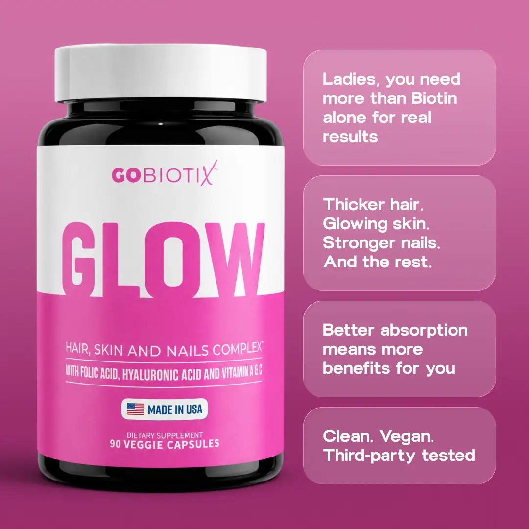 GoBiotix Glow Beauty Multivitamin – 10,000mcg Biotin + Hyaluronic Acid for Hair, Skin & Nails – Collagen Booster with Iron, Zinc, Folate & 28 Nutrients – 90 Capsules