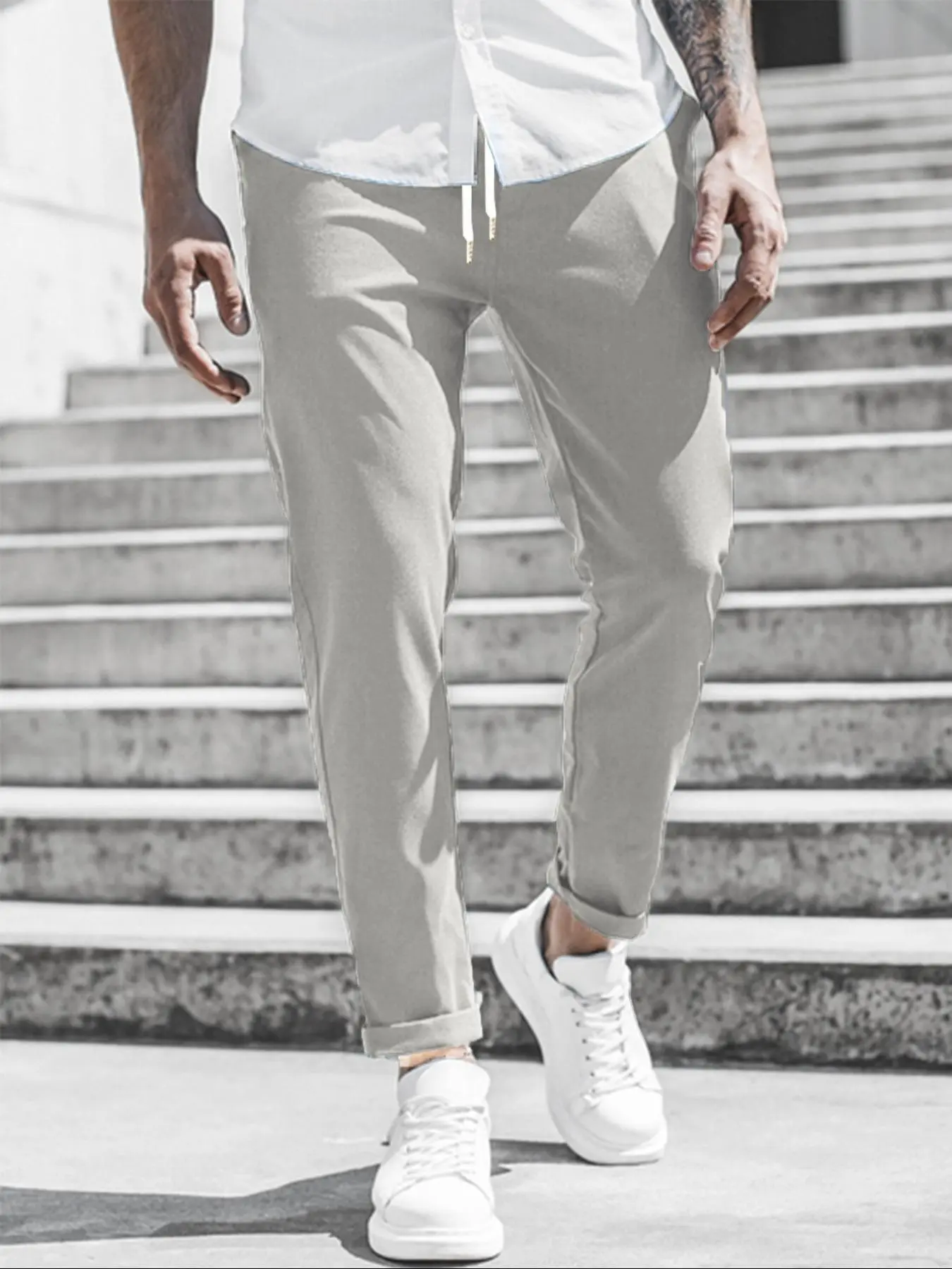 Men's Solid Color Drawstring Waist Pants, Regular Fit Casual Comfy Trousers for Spring & Fall, Men's Bottoms for Daily Wear, Adjustable Waist Pants, Casual Minimalist Trousers