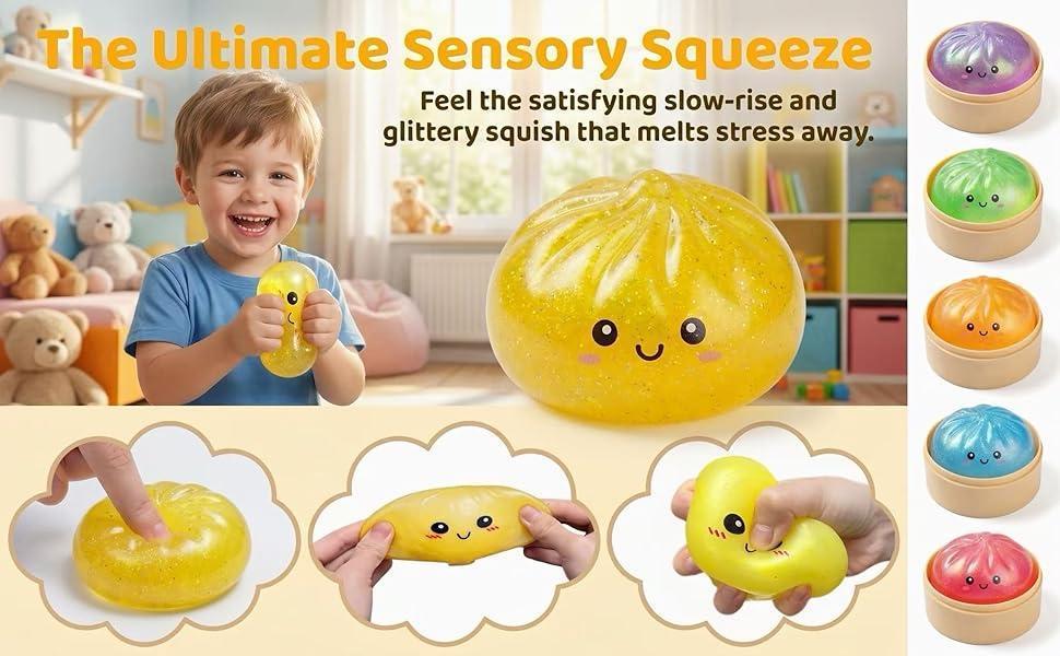 KIDGENIUS 2-Piece Glitter Mystery Dumpling Baozi Squishies with Steamer Box - Kawaii Decompression Squishy Toys, Oddly Satisfying Dumpling Stress Relief Set Pack, ADHD Fidget Aid Sensory Gifts