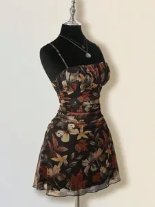 1 Piece Autumn Leaf Waist-Cinched Dress | Euro-American Casual Vibe | Spaghetti Strap Design + Breathable Fabric | Comfortable Pick for Autumn Day Trips / Casual Social Gatherings