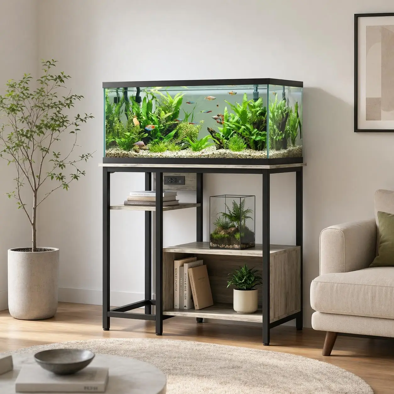 Heavy Duty 40-50 Gallon Aquarium Stand with Power Outlets, 4-Tier Metal & Wood Fish Tank Stand with Open Shelves, Storage Rack for Reptile Tank or Terrarium, 660 lbs Capacity, Gray