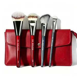 [BK Brush] BK Deluxe Set Birthday GiftContoured Foundation Brush 4 Counts Oval Brushfor Powder Liquid or Cream Soft Fiber Wool Makeup Tools for All Skin Types