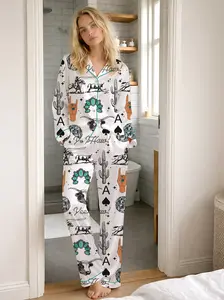 Cute Western Things Sublimation Cowgirl Spade Rodeo Satin Pajama Sets for Women, Western Print, Short Sleeve Top & Shorts, Gift for Patrick's Day