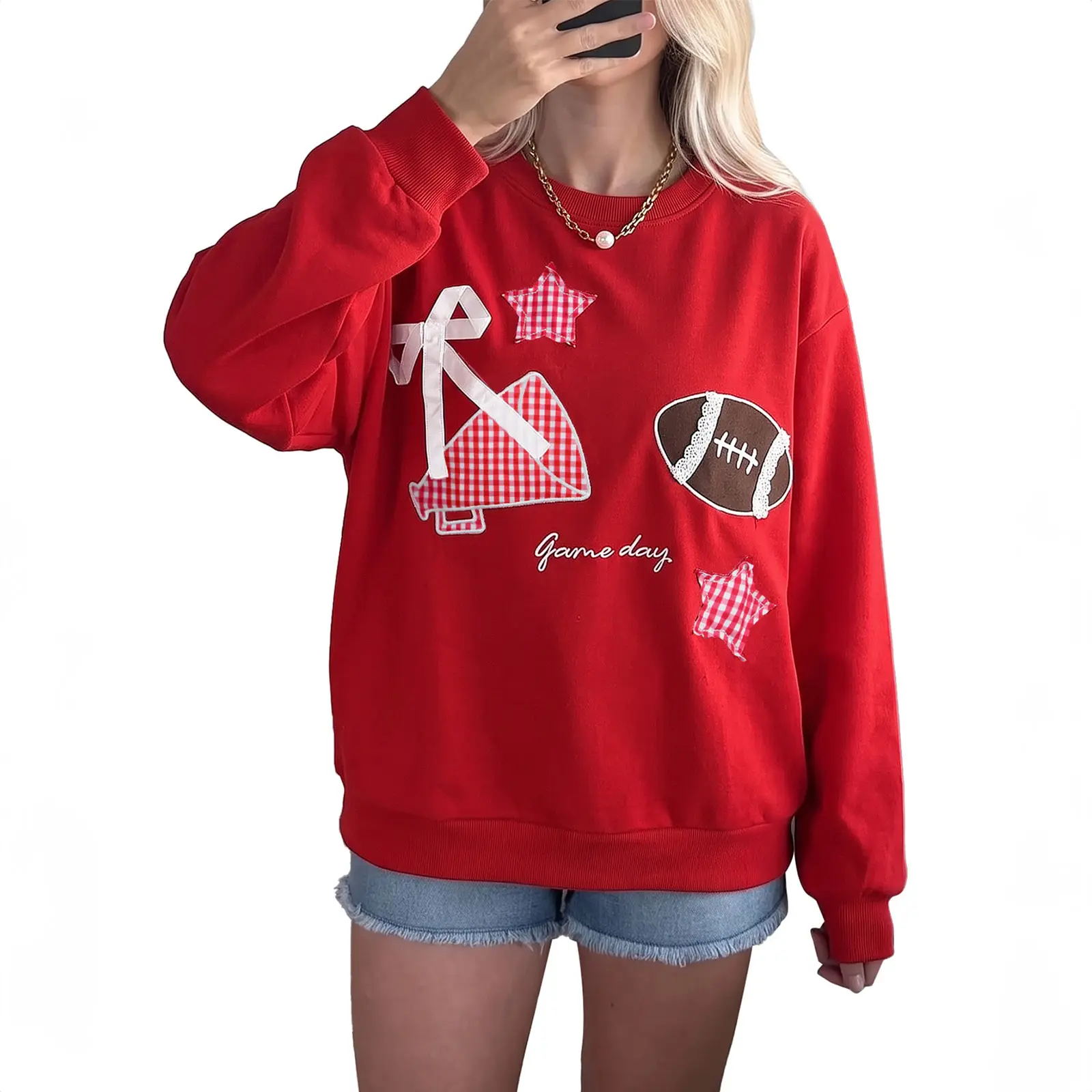 Hotapei Game Day Football Graphic Crewneck Sweatshirt Women Cute Preppy Gingham Star & Cheerleader Megaphone Patch Bow Long Sleeve Pullover Top Casual Loose Fit Sporty Sweatshirt For Football Match Holiday Daily Outdoor Street Wear Two