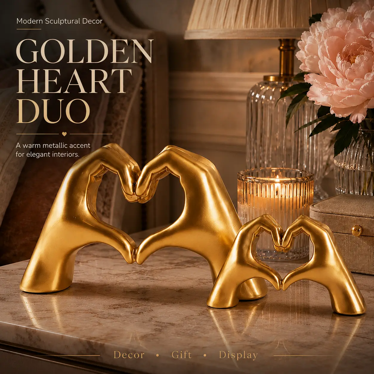Golden Heart Hand Resin Statue - 2 Sizes, Modern Indoor Home Decor Accent, Romantic Valentine's Day & Wedding Gift for Couples, Figurines For Adults