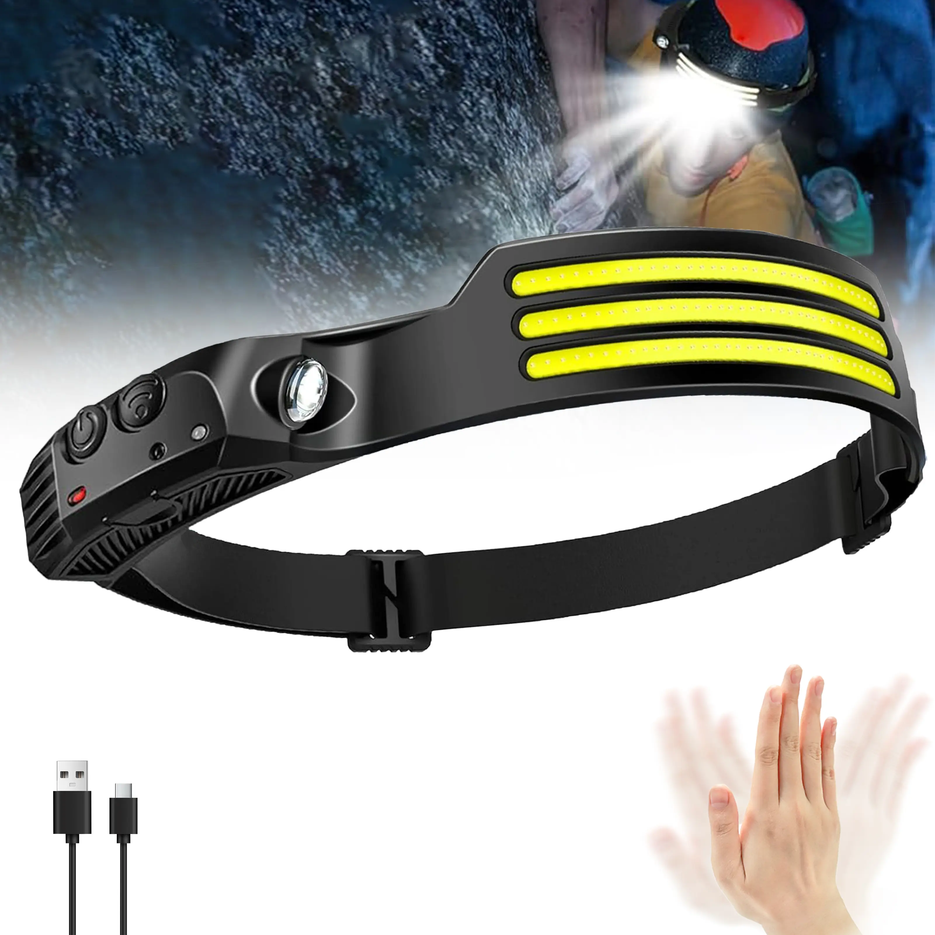 USB Rechargeable LED Headlamp - 230° Wide Beam, Motion Sensor, Adjustable Headstrap, Lightweight, Waterproof Flashlight for Camping, Jogging, Mountaineering, Reading, Usb Rechargeable Headlamp