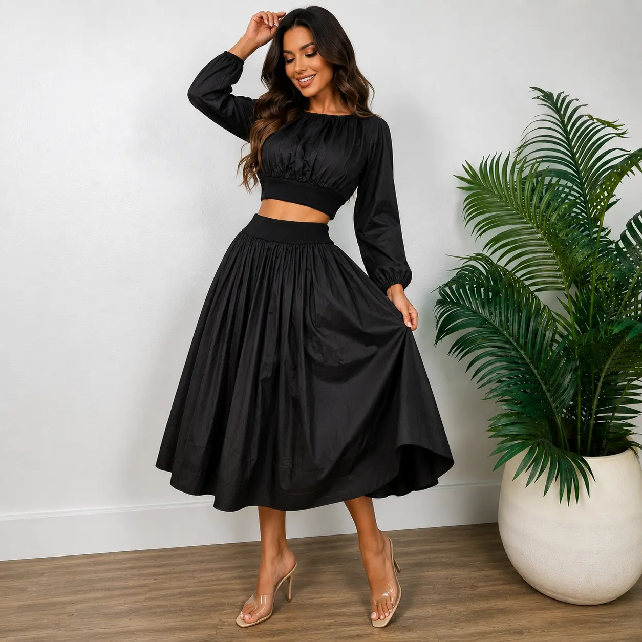 SELIA Woman 2 Piece Skirt Sets Elastic Waist Midi Skirt Outfits Casual Matching Set