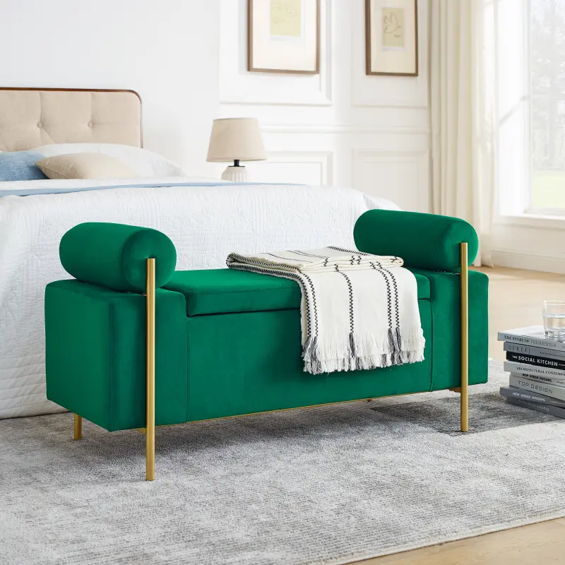 Bellemave Elegant Soft Velvet Cushioned Storage Bench - Versatile Built-In 4-Legged Storage Ottoman Bedroom Piece, Cylindrical Arms, Iron Legs, Comfortable Seat - Modern Classic Green Indoor Stool for Hallway, Living Room, Versatile Storage Benches
