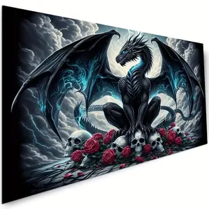 Vibrant Dragon And Skull Gothic Art Landscape Wall Art 5D Diamond Painting Kit - DIY Full Drill Round Acrylic Diamond Art Kits Mosaic Craft For Home Decor 70x40cm(28x16inch) summerwins