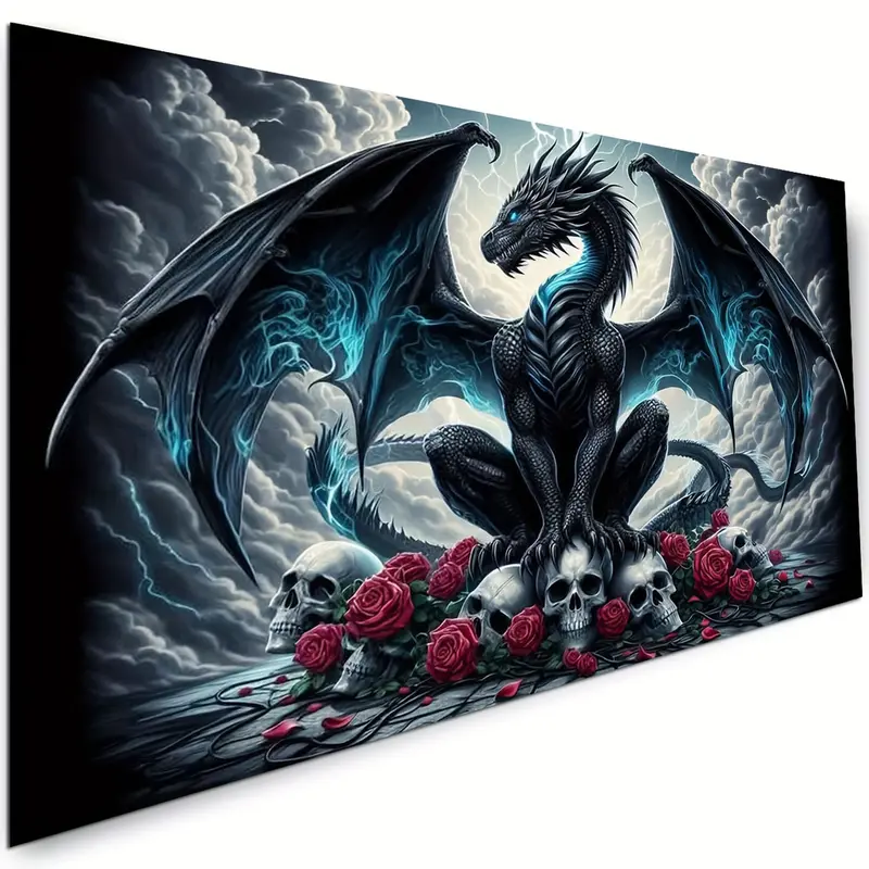 5D Full Drill Round Acrylic Diamond Art Kit - Gothic Dragon & Skull Design, DIY Mosaic Craft for Home & Office Decor, Includes 1 Diamond Tray, Detailed Instructions, 70x40cm(28x16in) to Inspire Creativity