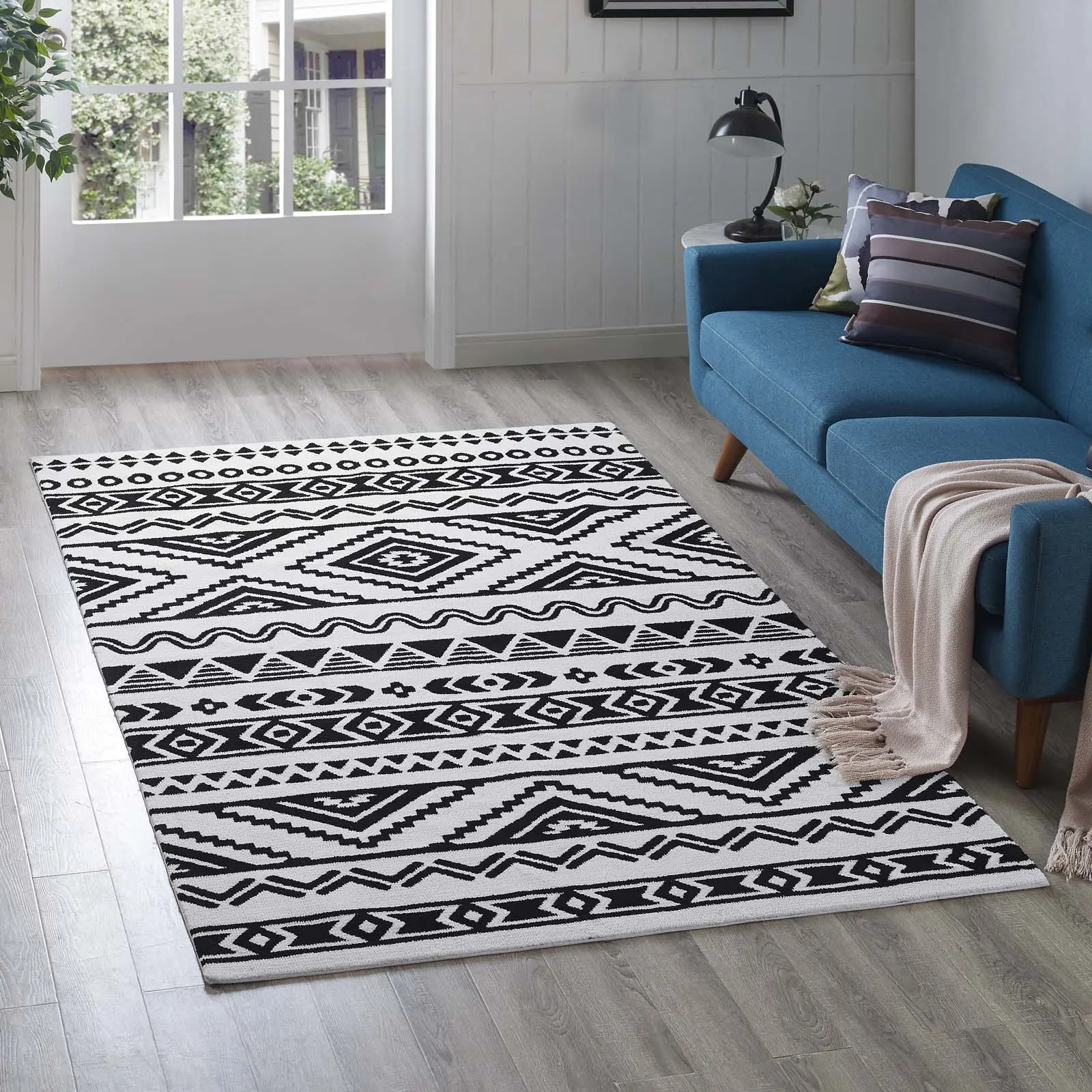 Modway Haku Geometric Moroccan Tribal 5x8 Floor Rug - Black and White, Decorative Geometric Area Rug for Bedroom, Dining Room, Bedroom Rug