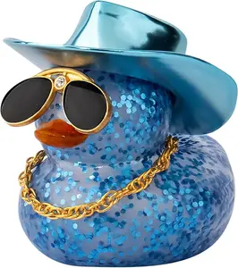 wonuu Car Rubber Duck, Dashboard Decorations Colorful Laser Cowboy Hat Ducky for Car Ornament Accessories Ducks with Hat, Necklace, Diamond Glasses