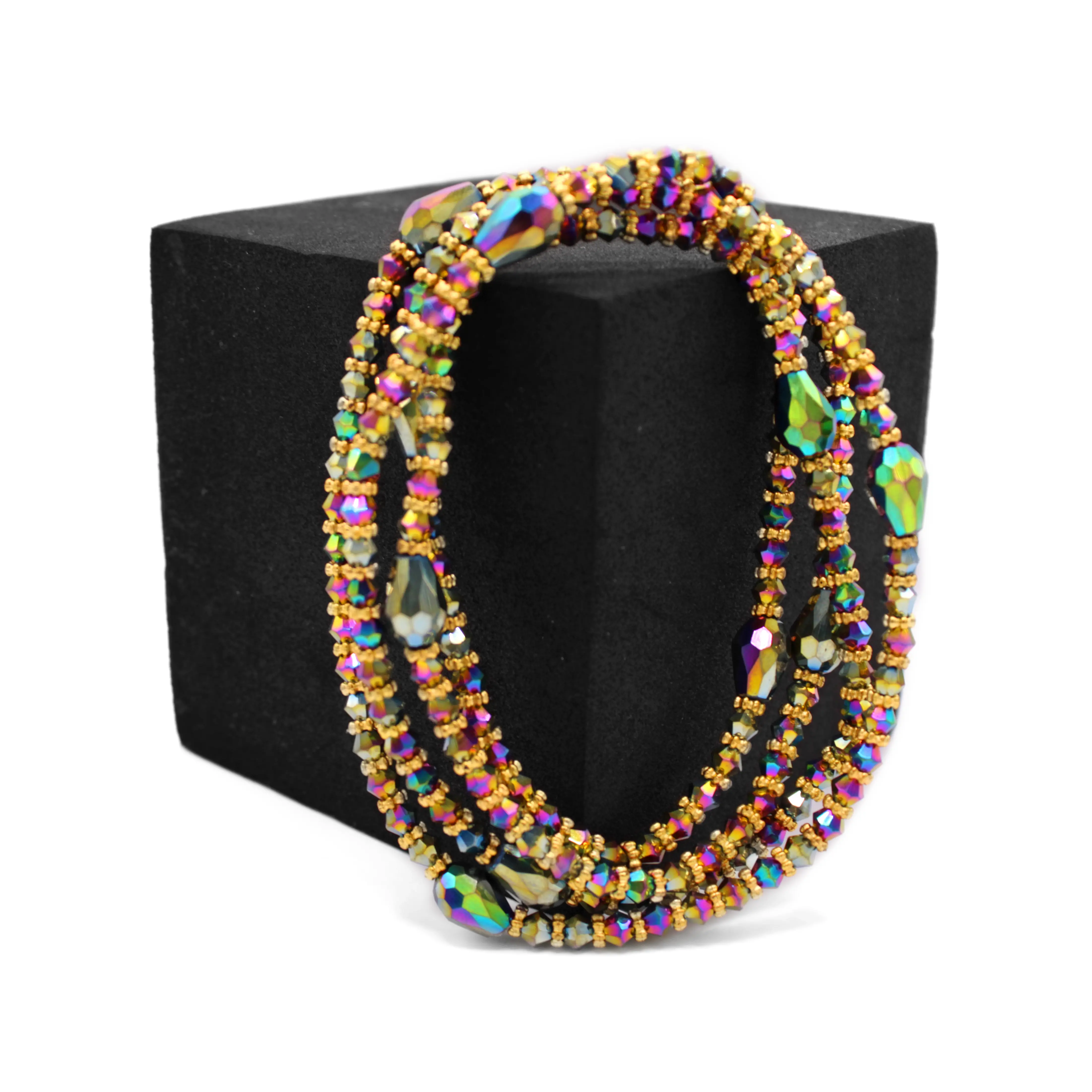 Jaljali Handmade Stretchy African Waist Beads – Iridescent Rainbow Glass Beads with Gold Accents Belly Jewelry for Women