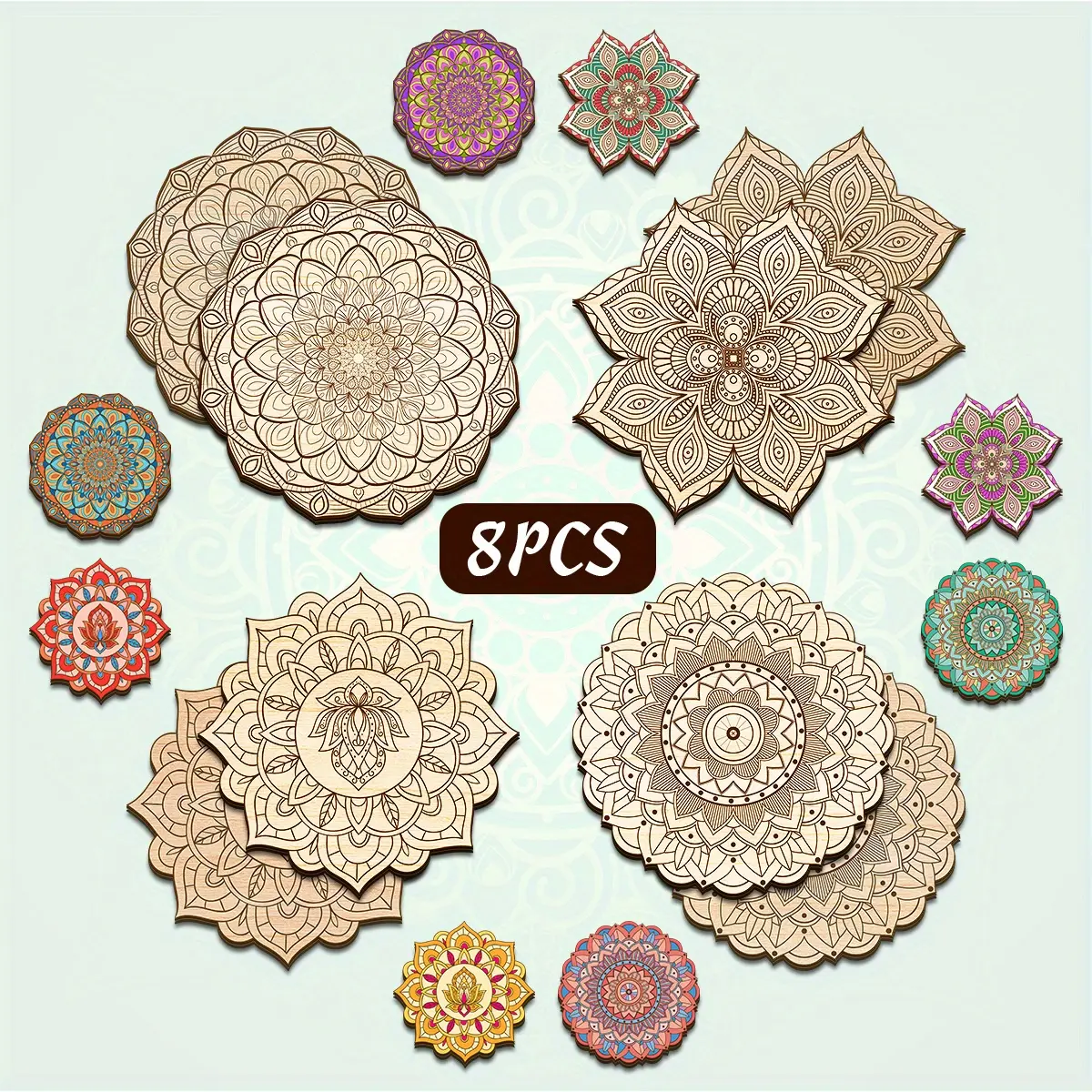 8 Pieces Large Unfinished Mandala Coloring Wooden Crafts Set, DIY Kit, Creative Craft Painting Kit, High Quality Material, Clear Lines, Easy to Color, Craft Wooden Boards, Multifunctional for Manufacturing Wooden Ornaments, Handicraft