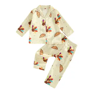 Thanksgiving Day Pajamas Set for Toddler Kid Little Girls Lapel Collar Button Up Turkey Themed Homemade Rolls Shirts and Pants Set Cute 2Pcs Sleepwear Loungewear Party
