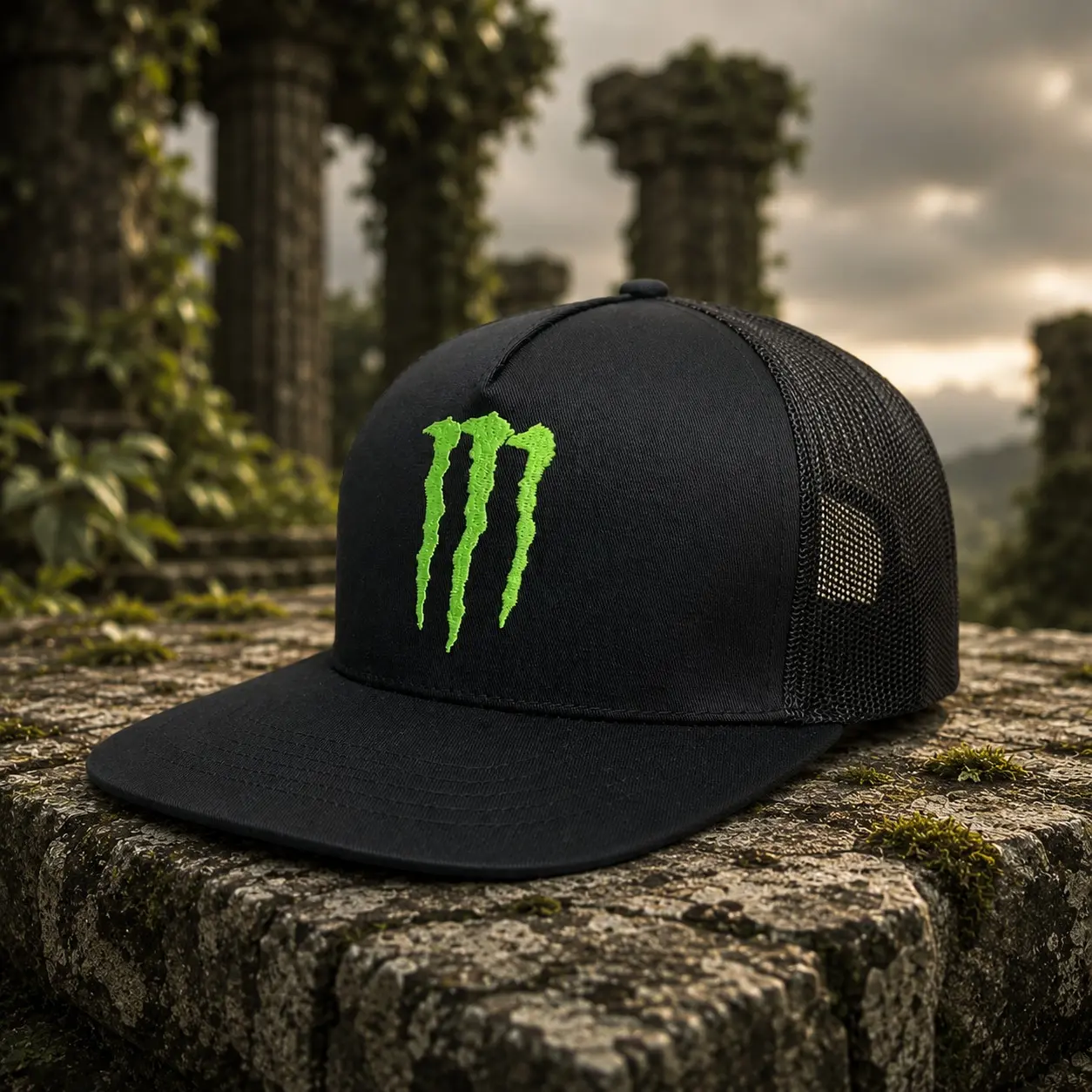 Energy Black Trucker Hat with Neon Green Embroidered Logo, Curved Bill Mesh Back Adjustable Snapback Cap, Outdoor Casual Hat for Men