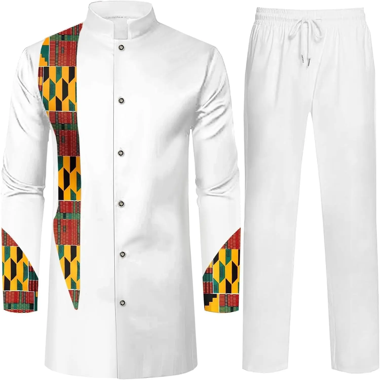 African Dashiki Suit for Men Kente Print Long Sleeve Outfit Clothing Shirts and Pants 2 Piece Traditional Attire