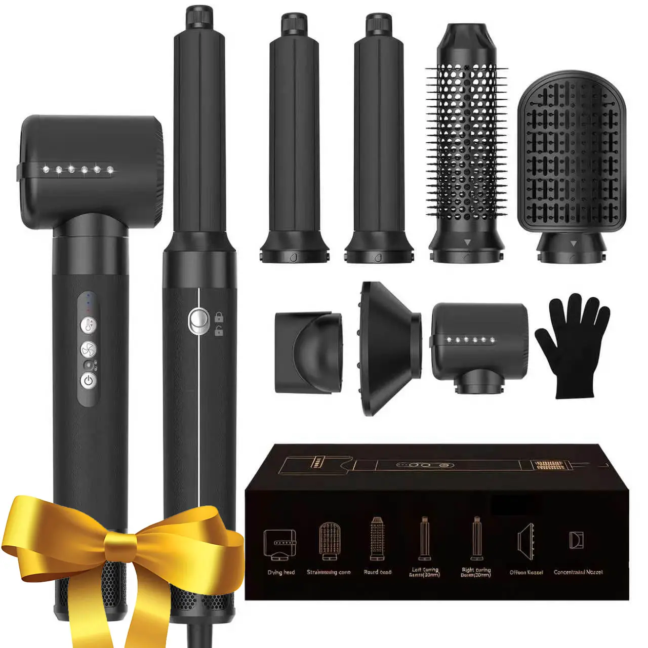 7-in-1 Mode Hair Blower Brush - 110000 RPM High-Speed Plastic Body Styling Tool, Unisex Dryer Brush with Curling, Volumizing Attachments & Glove, Party Gift for Spring Glowup