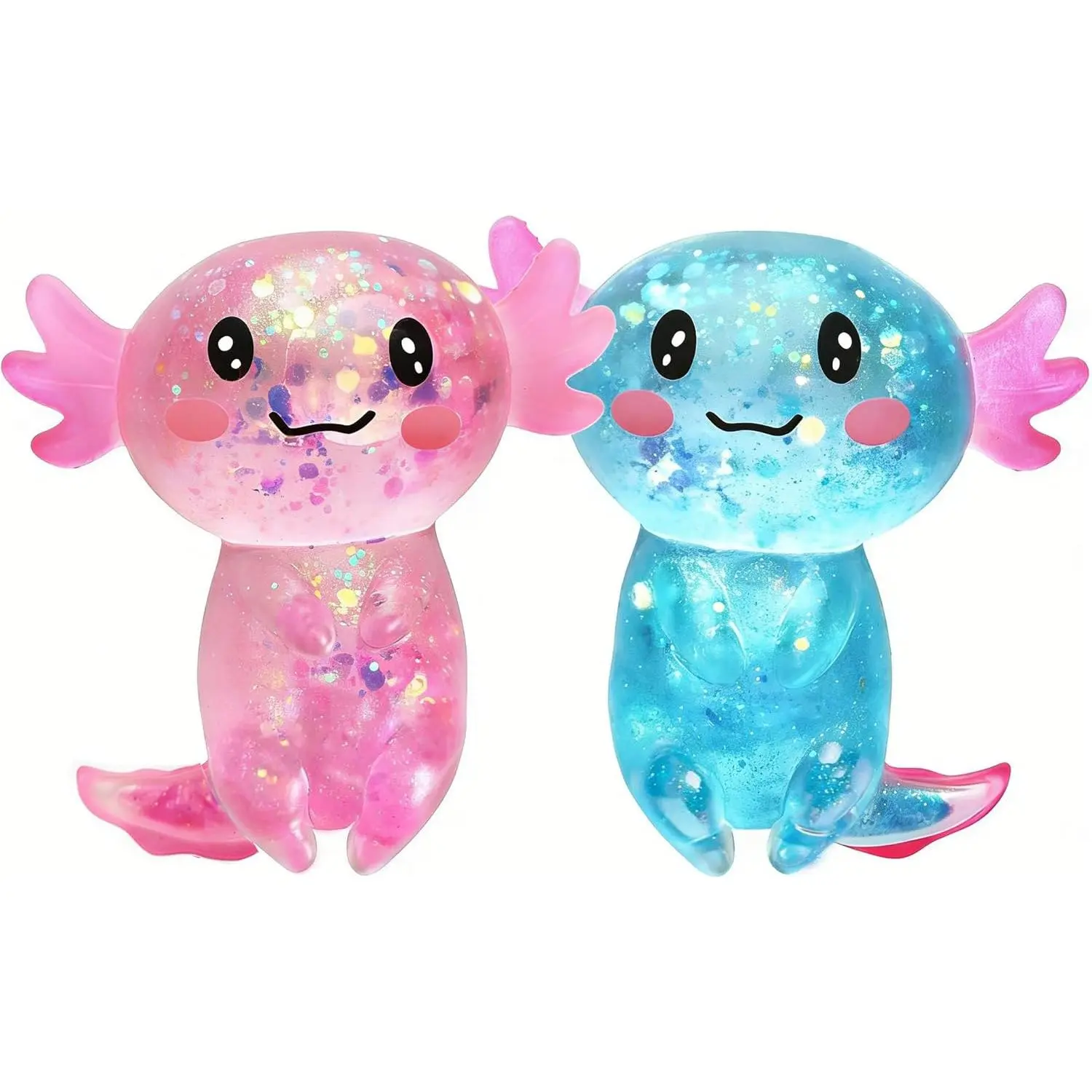 2PC Glitter Axolotl Squishies - Plastic Miniature Sensory Fidget Stress Balls, Salamander Home Decor Statues, Party Gifts