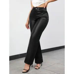 Women’s solid-color leather pants with a button fly and pockets—fashionable, casual, high-waisted trousers suitable for everyday outdoor wear; women’s underwear/garment.