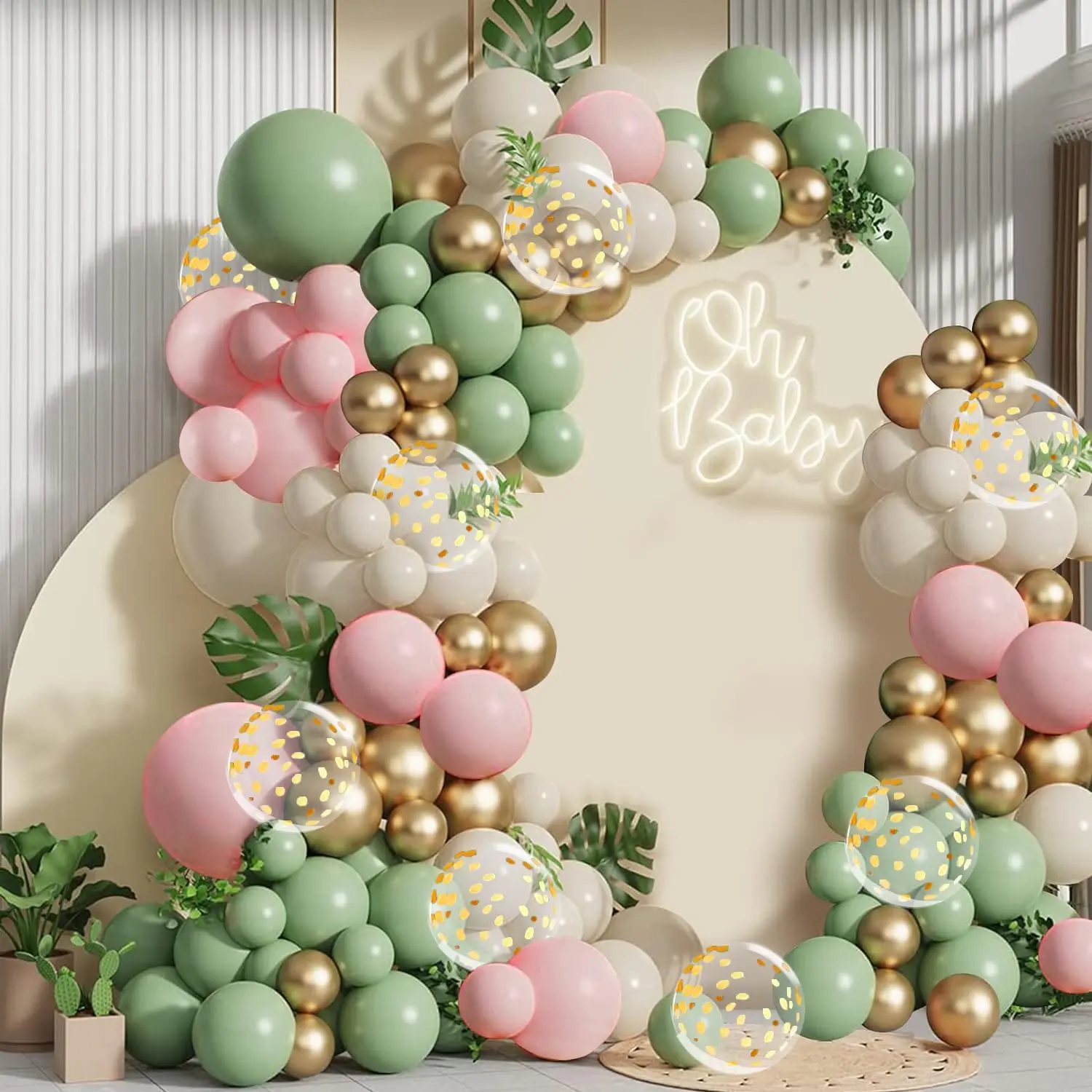Sage Green  Balloon Arch Kit, Olive Green Light  Sand White Blush Metallic  Balloons with  Confetti Balloons for Girl Birthday Woodland  Shower Jungle Safari Decorations
