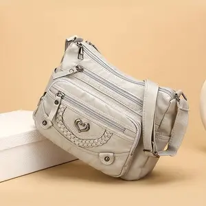 Vintage Multi-Pocket Crossbody Bag - Large Capacity Trendy Tote with Heart Decoration