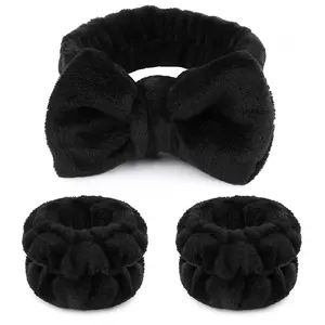 Makeup Headbands 1pcs Black Spa Headband Fluffy Bow Tie Microfiber Face 2Pcs Wrist Spa Wash Band Absorbent Wristbands for Face Skin Care
