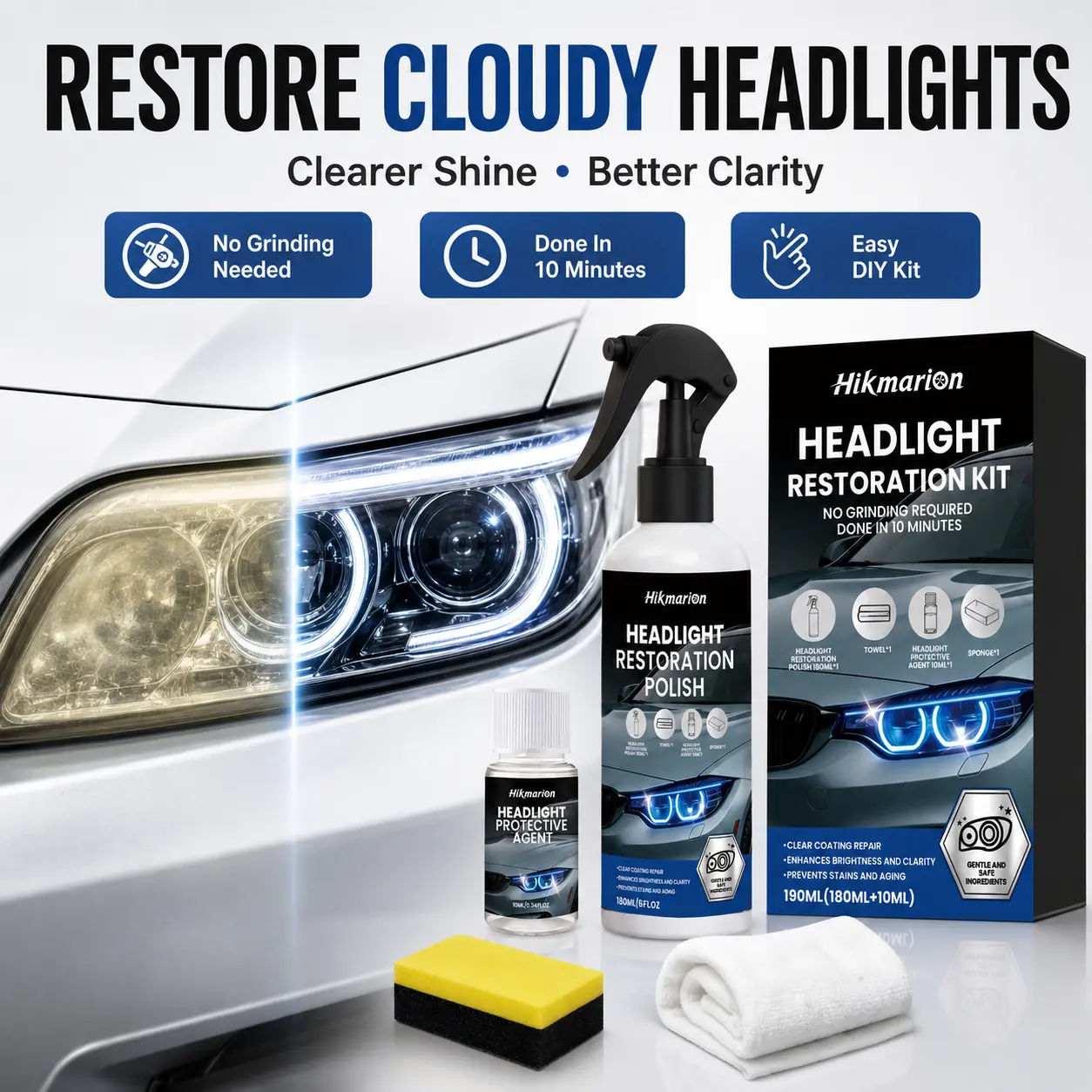 Automotive Headlamp Restoration Fluid for Oxidized Yellowed Cloudy Hazy Headlights, Headlight Lens Cleaner Clear Lens Polish UV Protection Crystal Coating Refurbisher Kit with Sponge Towel, Car Detailing Supplies for Cars