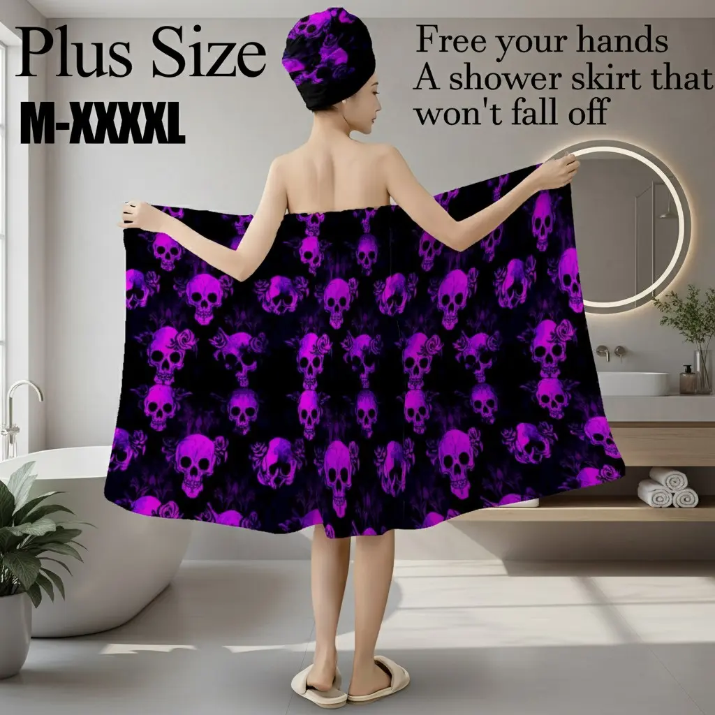 Plus Size M-XXXXL Purple Skull & Rose Print Bath Wrap Skirt & Hair Towel Set, Non-Slip Adjustable Shower Skirt for Bathroom, Spa, Halloween, Gothic Party, Towels Set