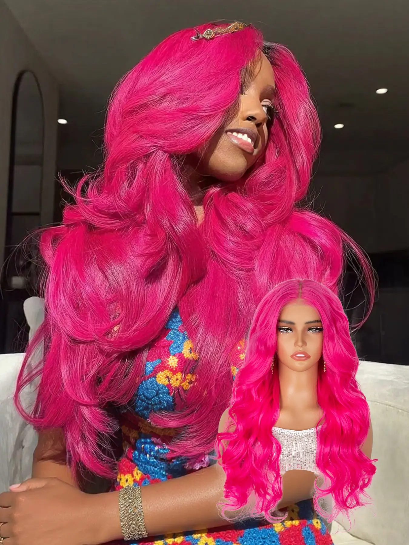 Lehanhair 24 Inch Glueless Long Wavy Synthetic Various Colors 4X6 Lace Wigs for Women, Gorgeous Fluffy Wigs without Bangs, Synthetic Wigs for Party, New Year Christmas Daily Use