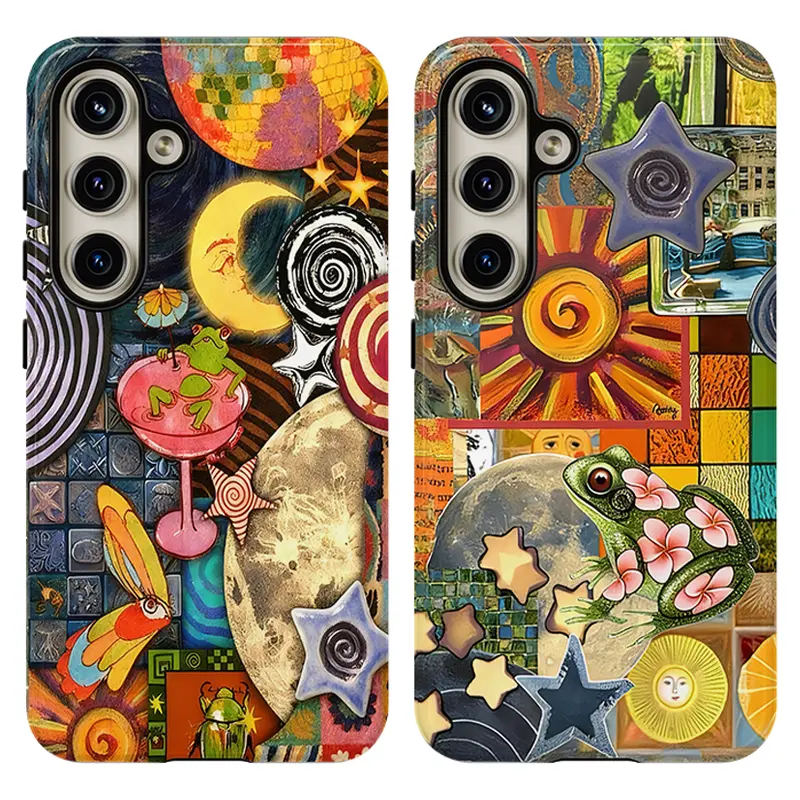 Whimsical Psychedelic Collage Phone Case, Sun, Frogs Retro Vibes ,Shockproof Rugged Cover Dual Layer Soft TPU Hard Bumper Shell for Samsung S26 S25 S24 S23 S22 S21 NOTE20 Ultra A71 A56 A36 Plus FE A06 A13 A14 A15 A16 A57 A25 A26 A37 A52 A53 A54 A55 Edge
