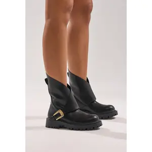 AZALEA WANG PHRIXUS BLACK CHUNKY SHORT SHAFT PU BOOT
