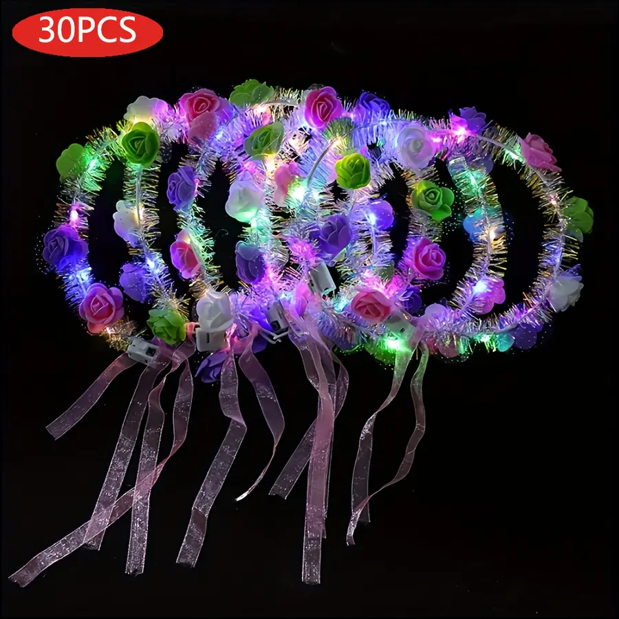 30-Piece LED Rose Hairband Set Glowing Floral Crown Headband Accessories Ideal for Women's Hair Accessories, Bridal Gifts, Holiday Celebrations, Birthday Parties, Wedding Ceremonies, New Year Decorations