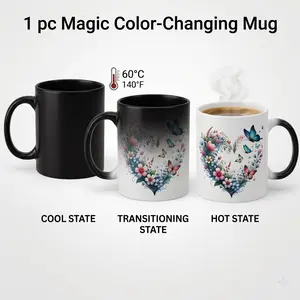 Aesthetic Floral Butterfly Heart Color Changing Mug |   Secret Heat Reveal Magic Coffee Cup Surprise Gift for Mom Wife Grandma, Best Mother's Day Birthday Present, 11oz Ceramic Tea Drinkware