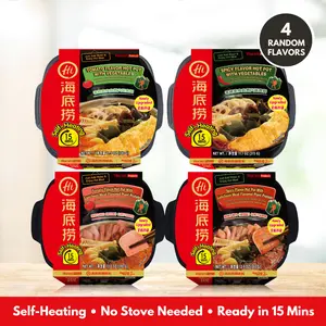 Haidilao Self-Heating Hot Pot 4PCS RANDOM Flavors Bundle – Tomato & Spicy with Vegetables, Plant-Based Luncheon, Braised Beef | Instant Meal Ready in 15 Mins, No Stove Needed, Free Gift Inside
