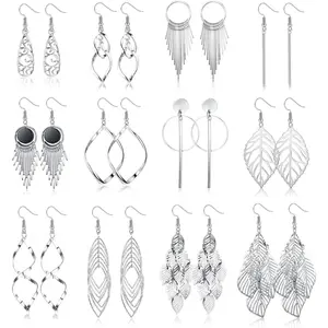 FLORIDECO 12 Pairs Drop Dangle Earrings Set for Women Girls Boho Earrings for Women Dangling Hypoallergenic Silver Tassel Earrings Wave Leaf Long Bar Statement Dangly Earrings for Women Set Daily