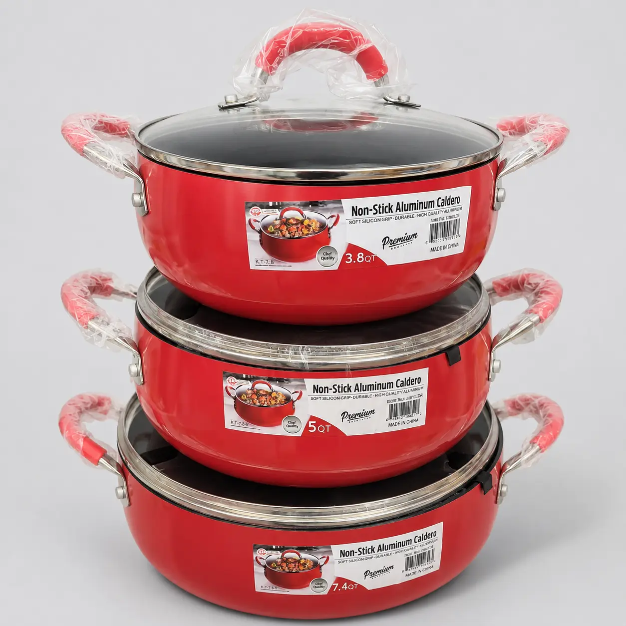 Premium Non-Stick Aluminum Caldero Cookware Set – 3-Piece Red Stock Pot Collection with Glass Lids