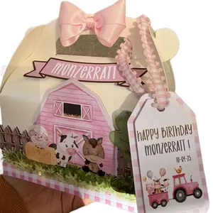 Farm Theme Gable Boxes Favor Boxes for Farm Theme Party with Pink Bow and Personalized Tag