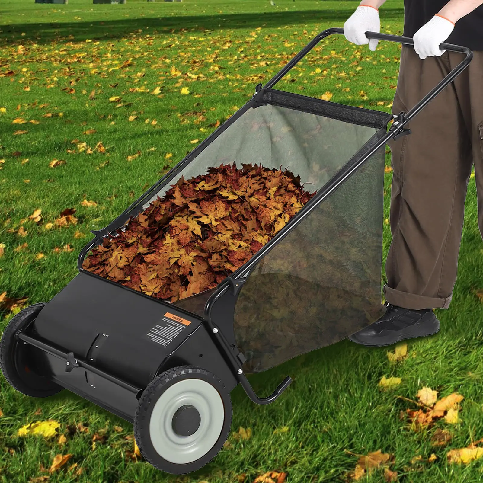 26-Inch Push Lawn Sweeper, Grass, Lawn and Leaf Cleanup Collector with Large 7 cu. ft. Hopper Bag, and Dual Spinning Brushes, Black