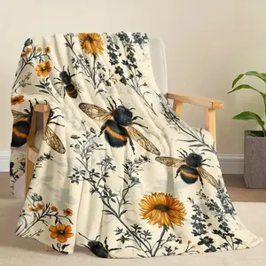 Bee and Wildflower Themed Flannel Throw Blanket - 100% Polyester Knitted Quilted Blanket with Digital Print - All Season Cozy Bedding Perfect for Napping, Camping, Travel - Ideal Gift for Friends and Family-280GSM