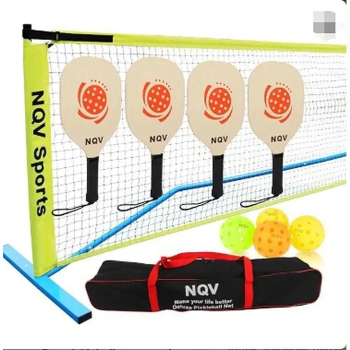 NQV Sports Pickleball Set for Beginners - 4 Wood Paddles, 22FT Net, 4 Balls, Duffle Bag, 2 Chalks - Indoor & Outdoor Play