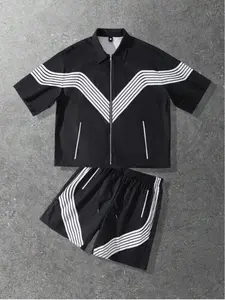 Men's Summer Fashion and Patchwork Zipper Short Sleeve Top + Shorts Set, Contrast Commuter Breathable Striped Casual