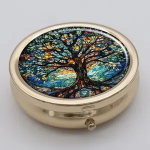 Round Tree Of Life Flower Pattern Pill Box, 1 Count 3 Compartment Mini Decorative Pocket Purse, Portable Travel Medicine Tablet Vitamin Holder Organizer, Healthcare