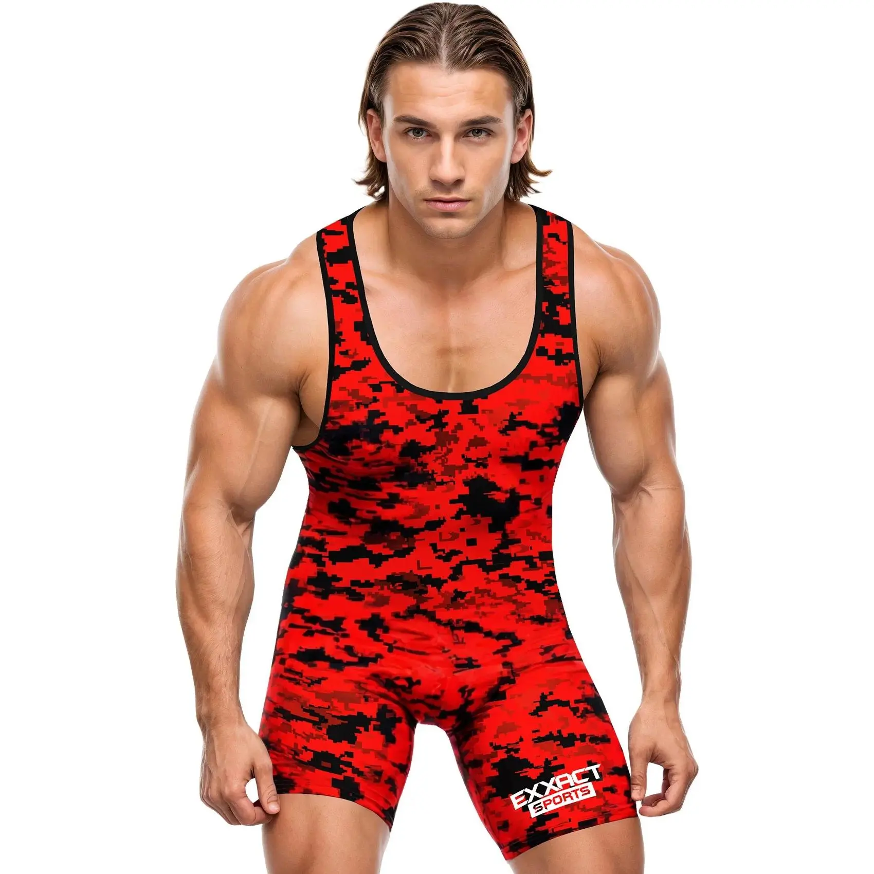 Exxact Sports Camouflage Men's Wrestling Singlet, High-Performance Powerlifting Singlet, Wrestling Singlets for Men (Red Camo)