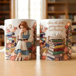 Book Lover Mug, Reading Girl Coffee Cup, Aesthetic Book Stack Mug, Teacher Gift for Women, Literary Reader Drinkware, Cozy Bookworm Gift
