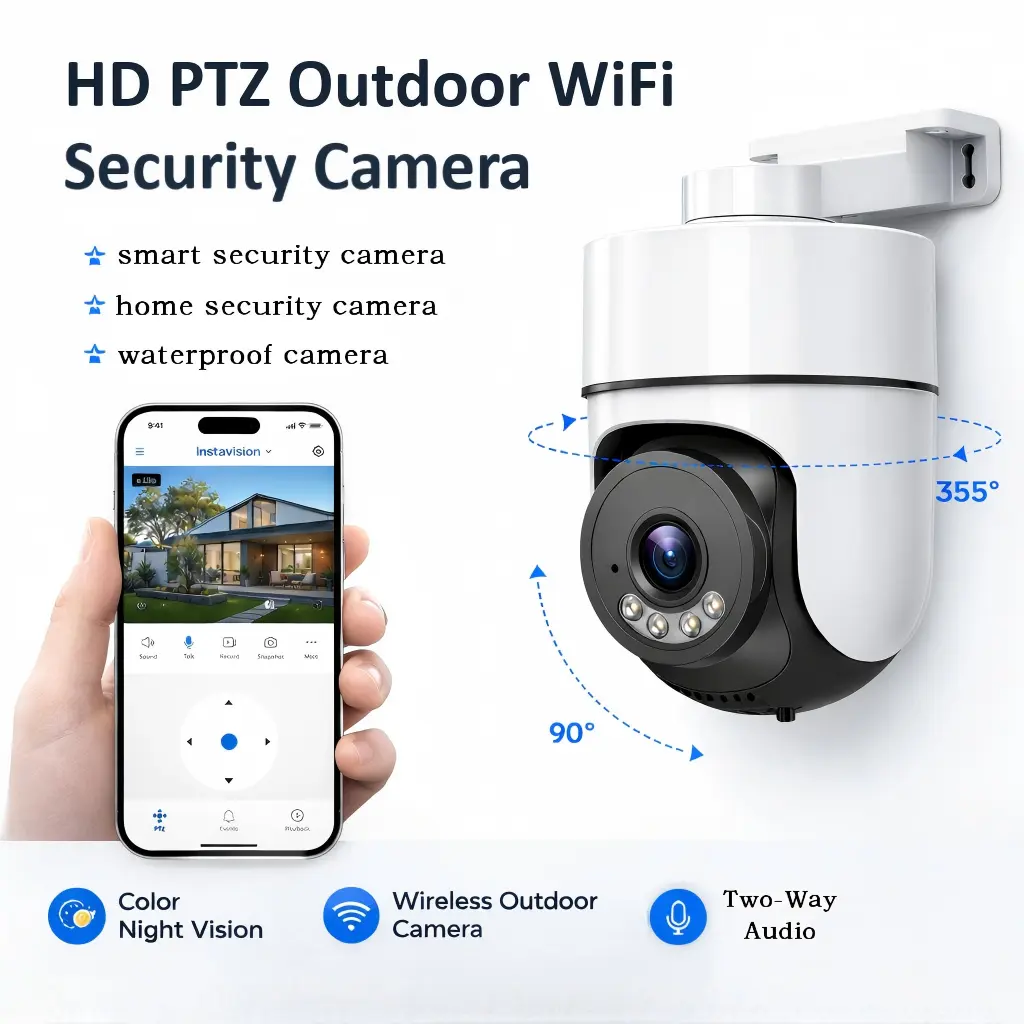HD Outdoor PTZ WiFi Security Camera, Color Night Vision, Human Motion Tracking, Two-Way Audio, Remote App Control