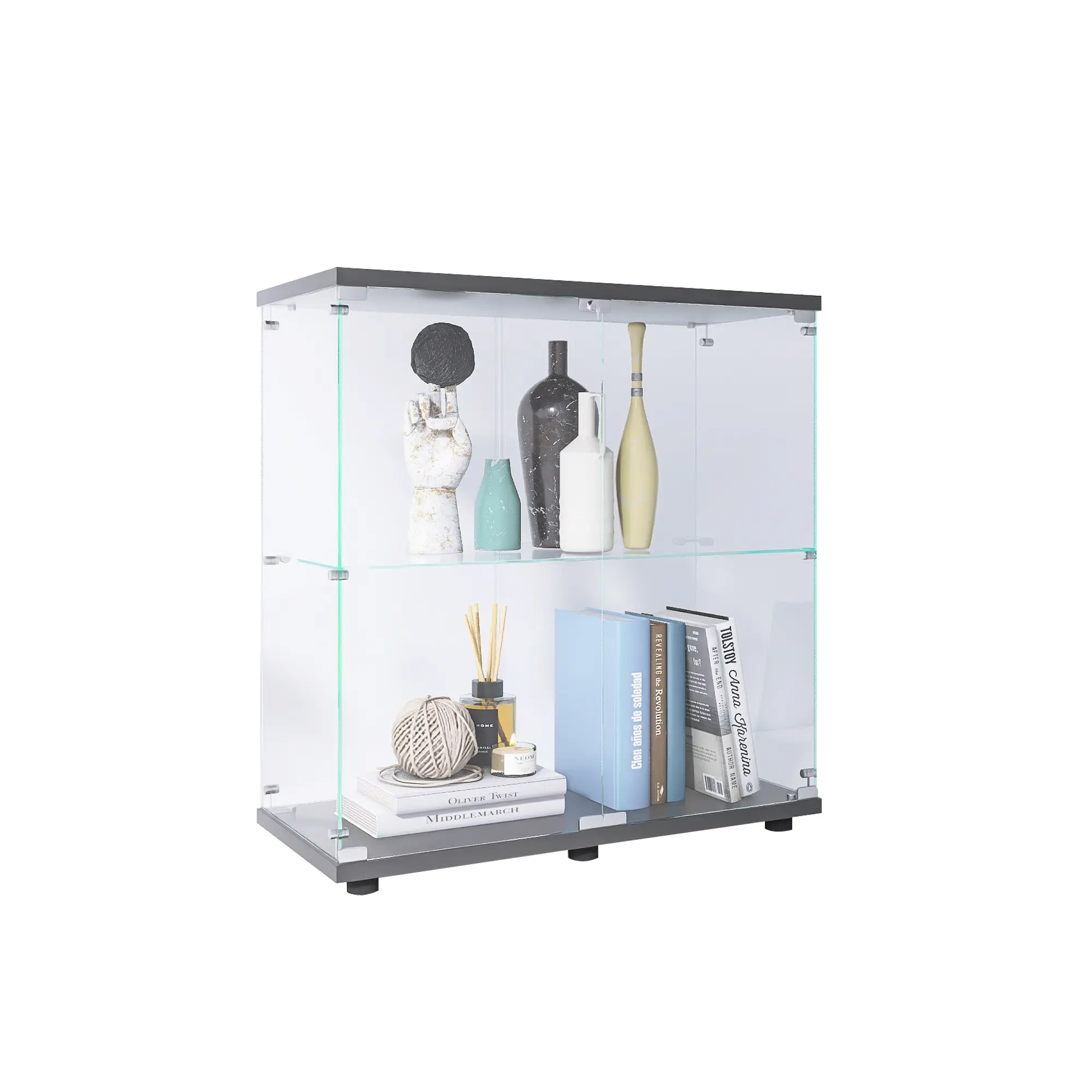 Two-Door Countertop Glass Display Cabinet with Lock, 2-Shelf Curio Showcase, Tempered Glass & MDF Base, 33.93"H